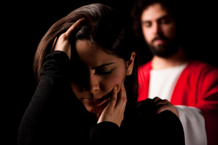 christ behinde grieving girl